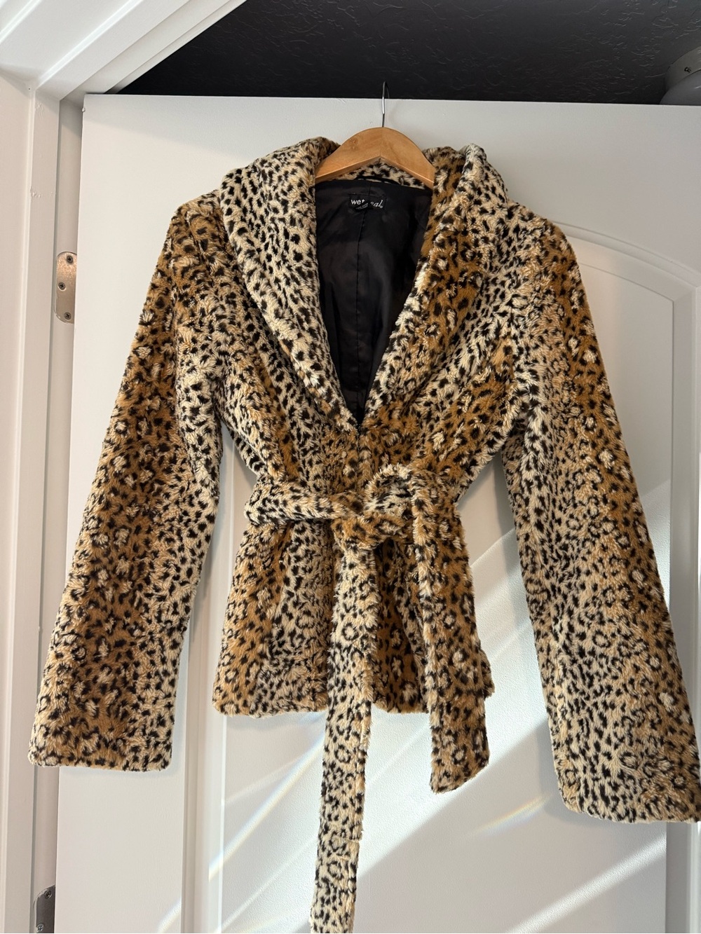 Wet Seal Leopard Print Faux Fur Belted Jacket - Brown & Cream